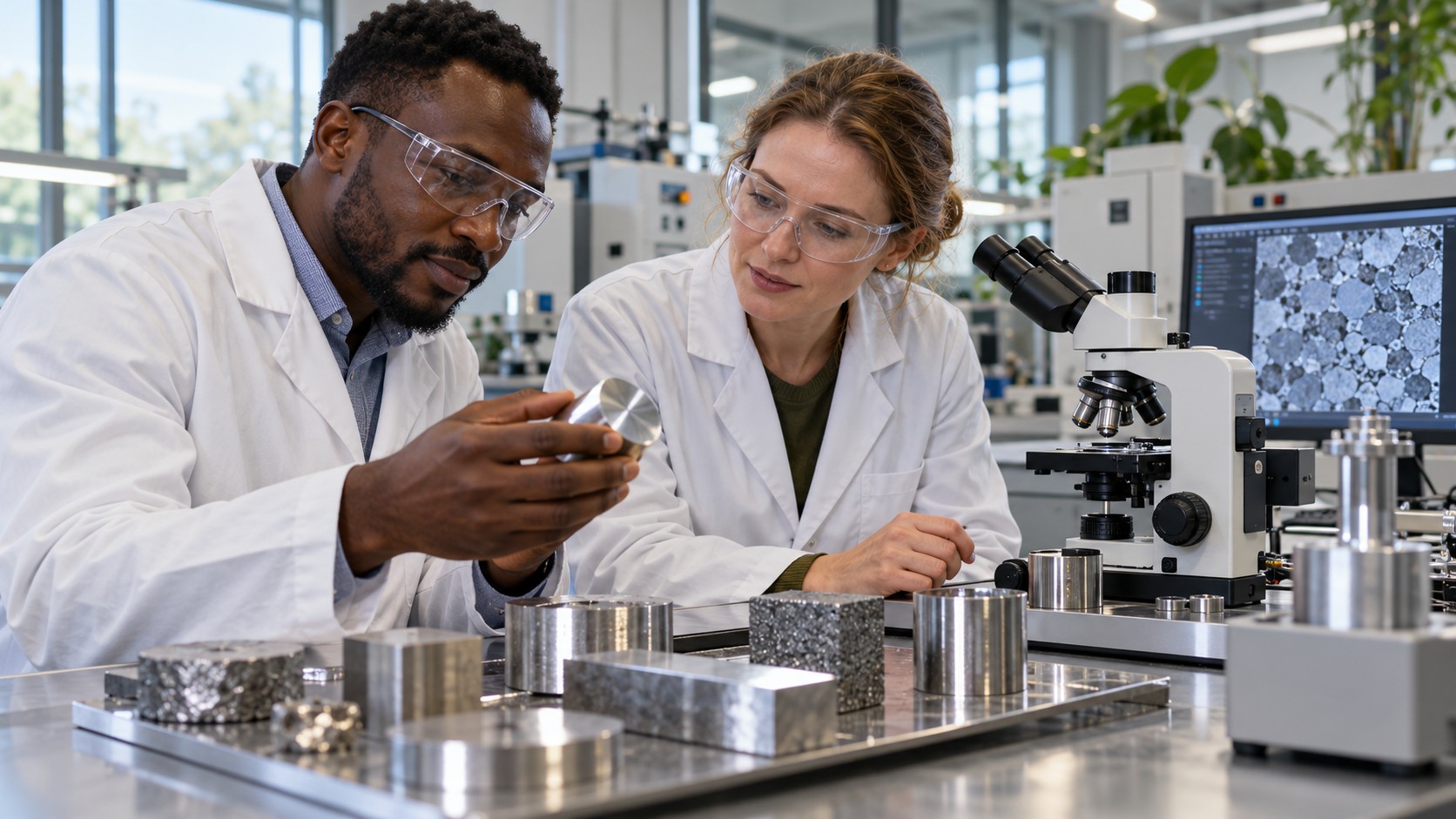 Nigerian and white British scientists developing metal alloys