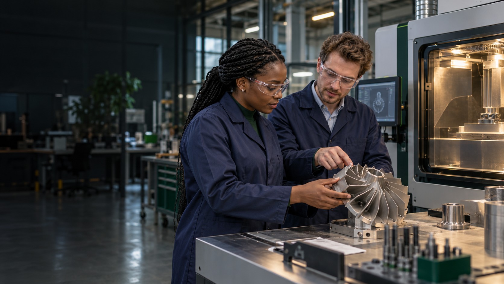 Nigerian and white British engineers examining an additive manufactured metal component