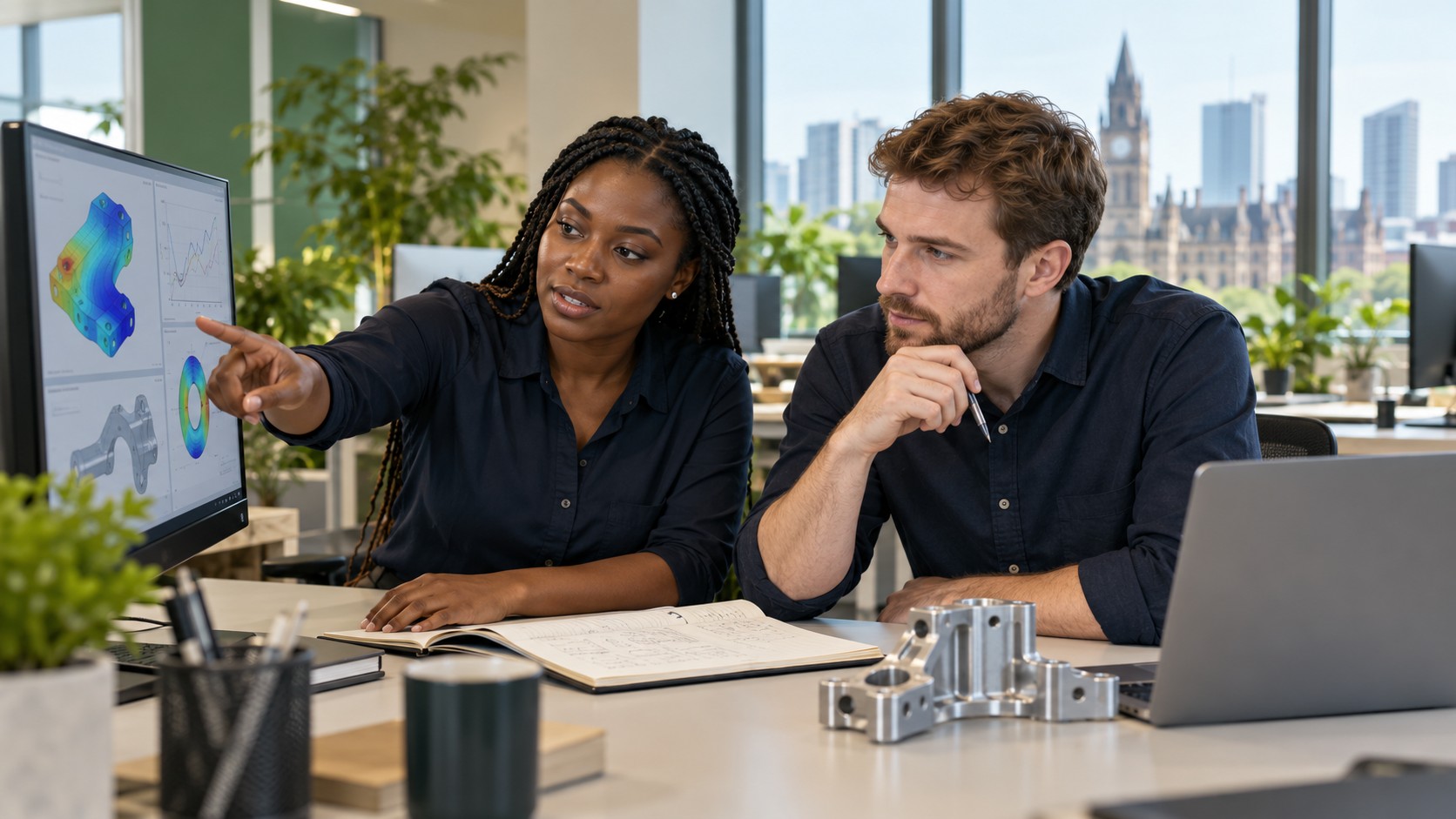 Nigerian and white British professionals analysing engineering data