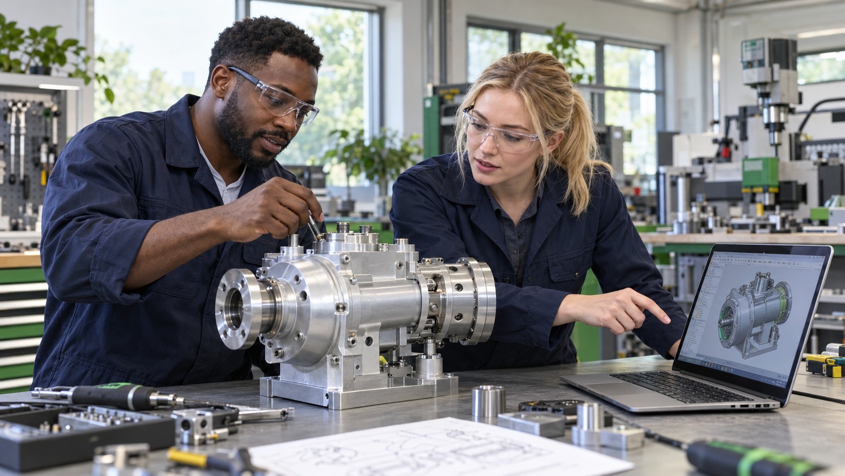 Nigerian and white British engineers working on a product prototype