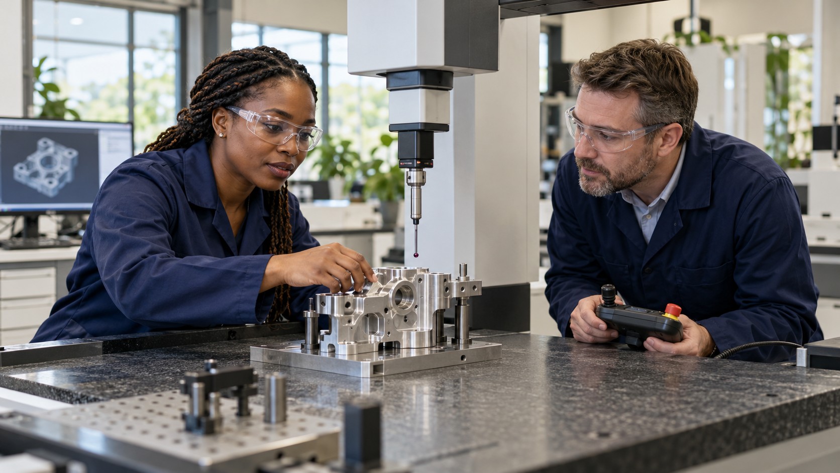 Nigerian and white British engineers inspecting a precision component