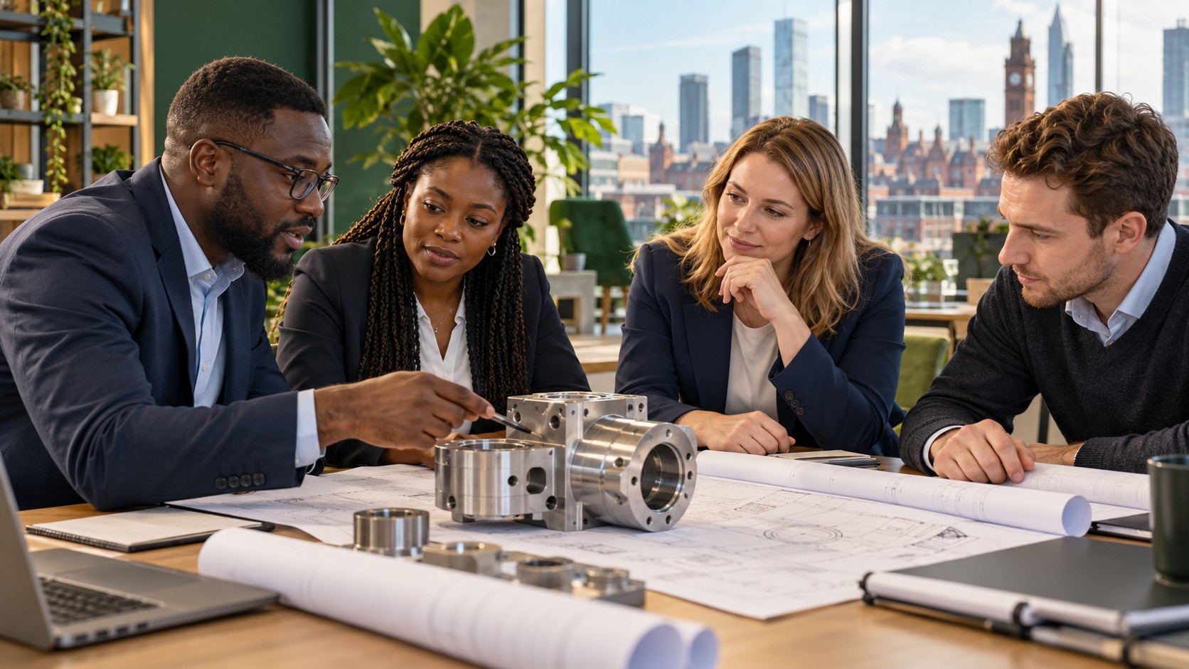 Nigerian and white British colleagues planning an engineering project